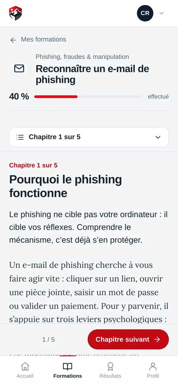 Un chapitre de formation Sensi+ affiché sur un smartphone